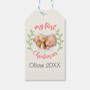 Étiquettes-cadeau Mon 1er Noël Baby Name PHOTO Wreath Tags cadeaux