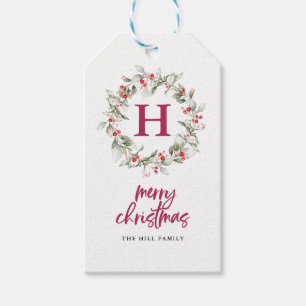 Étiquettes-cadeau Monogram Berry Wreath Calligraphie Joyeux Noël