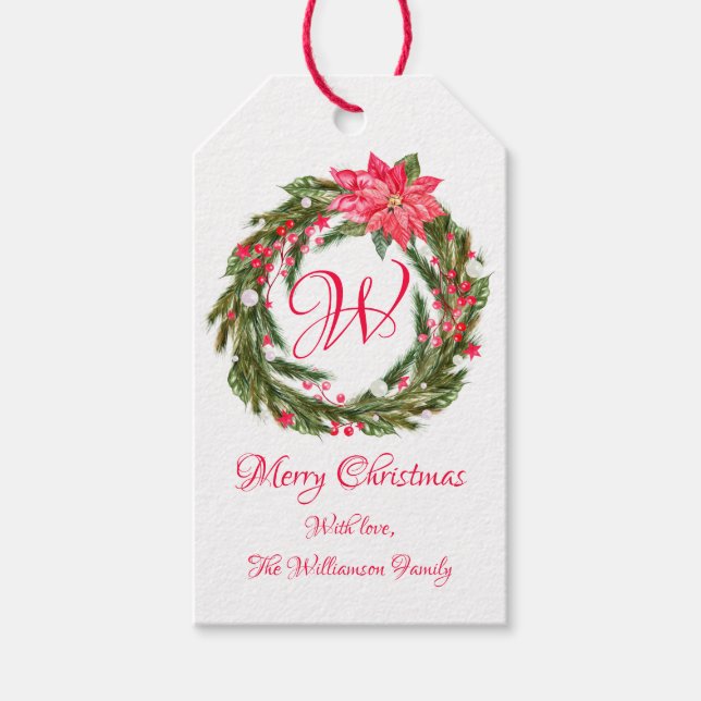 Étiquettes-cadeau Monogram Christmas Poinsettia Wreath (Devant)