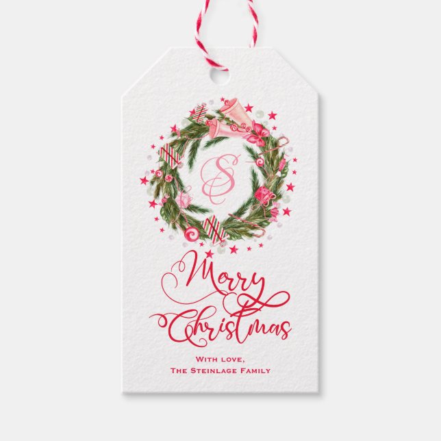 Étiquettes-cadeau Monogram Christmas Wreath (Devant)