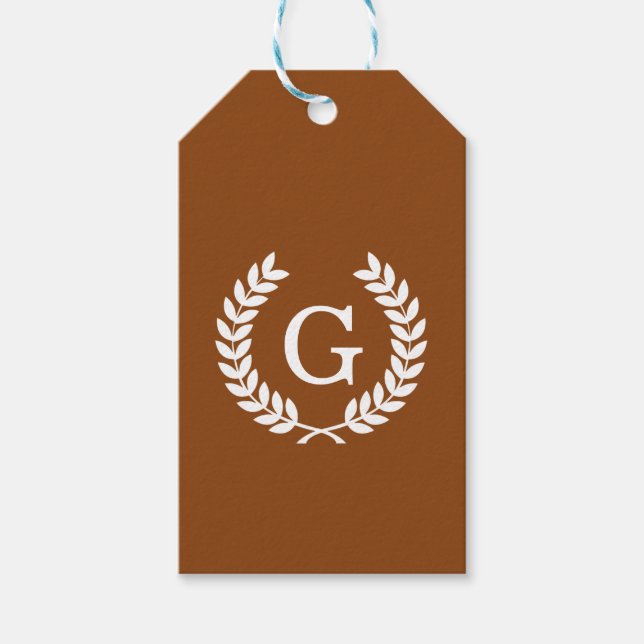 Étiquettes-cadeau Monogram initial de Brown White Wheat Laurel (Devant)