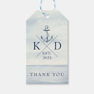 Étiquettes-cadeau Monogram Marine Bleu Ancre nautique Merci cadeau