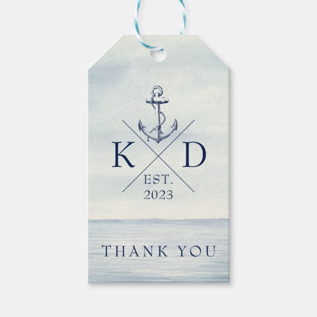 Étiquettes-cadeau Monogram Marine Bleu Ancre nautique Merci cadeau (Devant)
