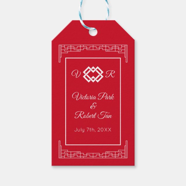 Étiquettes-cadeau Monogramme asiatique Mariage blanc rouge (Devant)