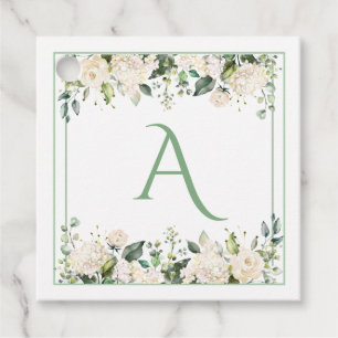 Étiquettes Cadeau Monogramme Blanc Floral Vert Élégant