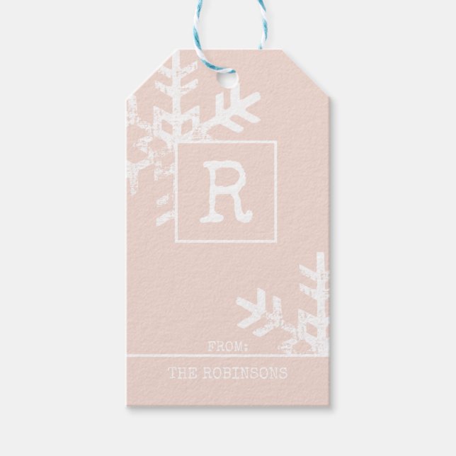 Étiquettes-cadeau Monogramme Blush Pink Distressé Fête de Flocon de  (Devant)