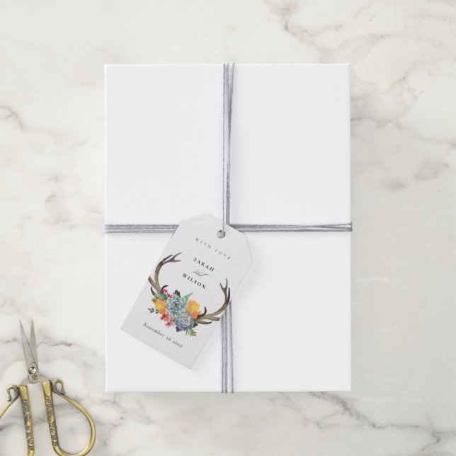 ÉTIQUETTES-CADEAU MONOGRAMME D'ALLURE BOHÉMIENNE D'ANTLER SUCCULAIRE (Avec de la ficelle)