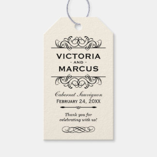 Étiquettes-cadeau Monogramme de bouteille de vin Mariage noir et ivo
