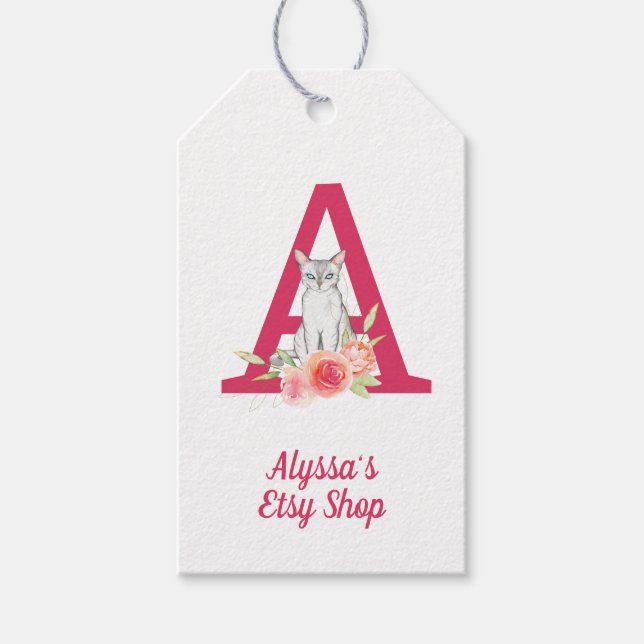 Étiquettes-cadeau Monogramme de chat et Bouquet de fleurs roses (Devant)
