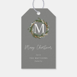 Étiquettes-cadeau Monogramme de couronne d'eucalyptus gris V2