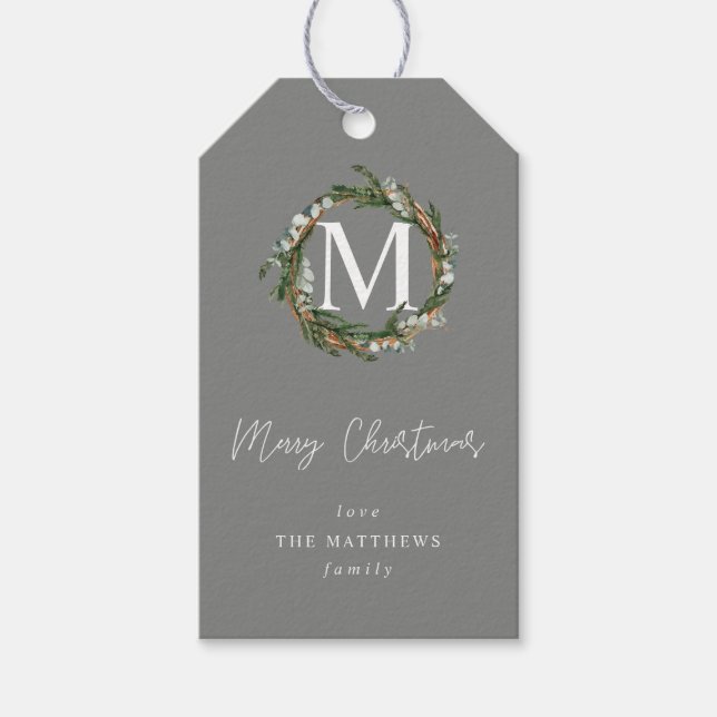 Étiquettes-cadeau Monogramme de couronne d'eucalyptus gris V2 (Devant)