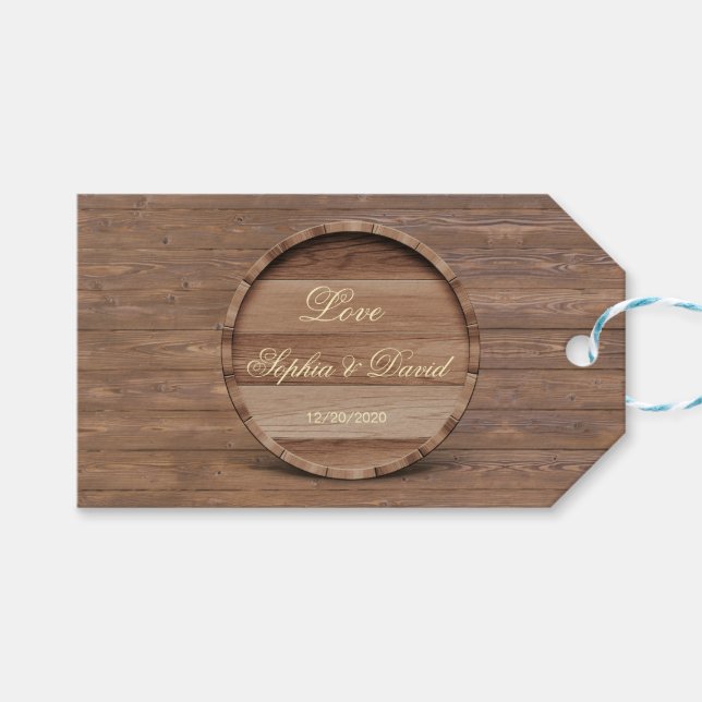 Étiquettes-cadeau Monogramme de Mariage en bois rustique (Devant (Horizontal))