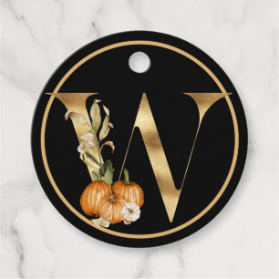 Étiquettes Cadeau Monogramme de thème d'automne avec MERCI Citrouill