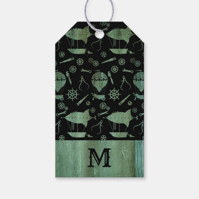 Étiquettes-cadeau Monogramme des navires Steampunk de Verdigris (Devant)