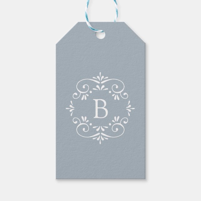 Étiquettes-cadeau Monogramme élégant bleu et blanc français (Devant)