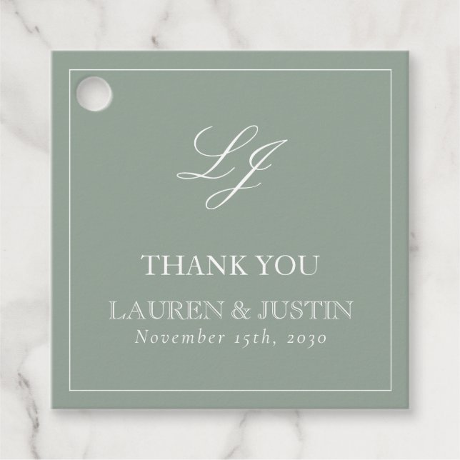 Étiquettes Cadeau Monogramme Elegant Sage Green Merci Mariage (Devant)
