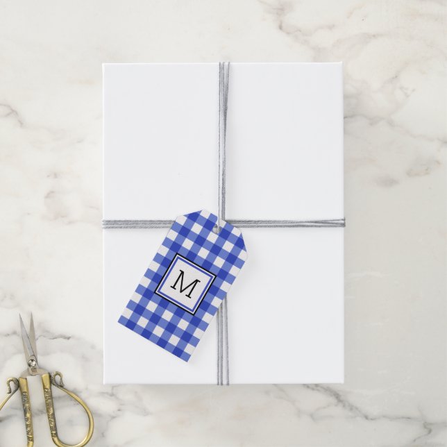 Étiquettes-cadeau Monogramme En vichy bleu (Avec de la ficelle)