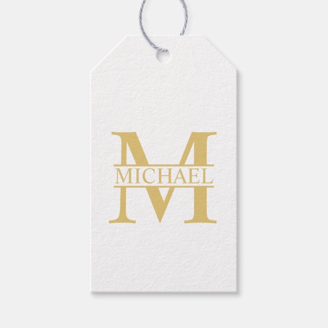 Étiquettes-cadeau Monogramme et nom personnalisés blanc et or (Devant)