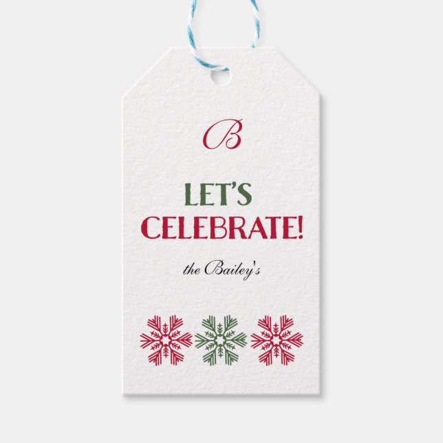 Étiquettes-cadeau Monogramme Flammes de neige rouge et verte (Devant)