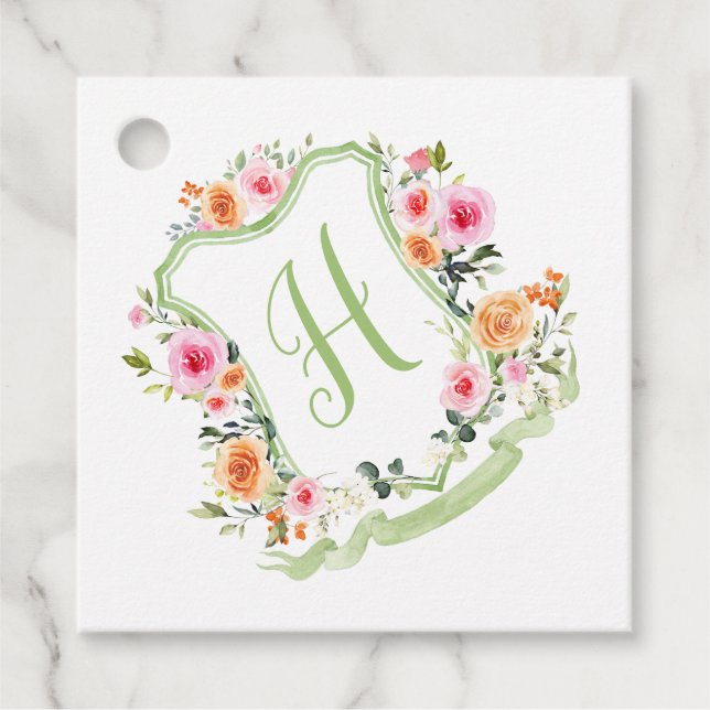 Étiquettes Cadeau Monogramme Floral Aquarelle Crest, vert et rose (Devant)