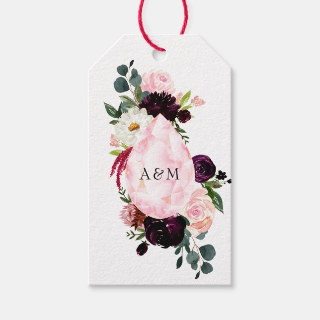 Étiquettes-cadeau Monogramme floral Bourgogne et rose pâle (Devant)