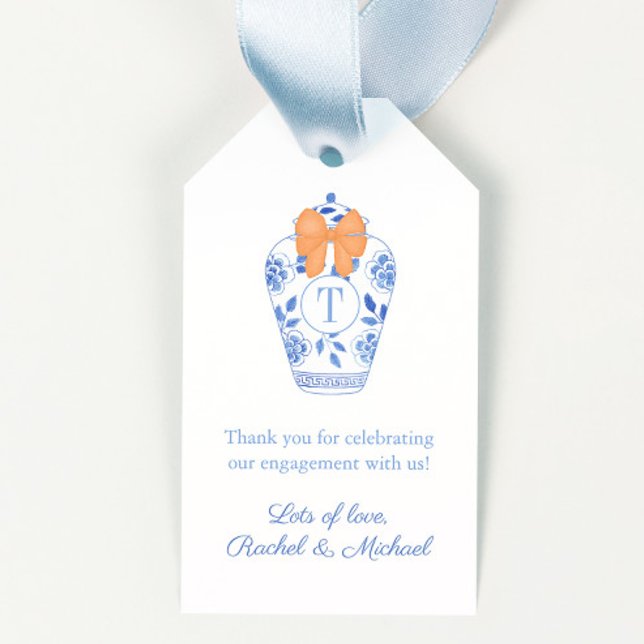 Étiquettes-cadeau Monogramme Ginger Jar Orange Bow Wedding shower (Elegant monogram favor tag featuring ginger jar with fall orange bow)
