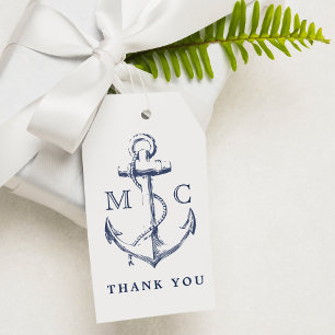 Étiquettes-cadeau Monogramme Marine Bleu Ancre Merci