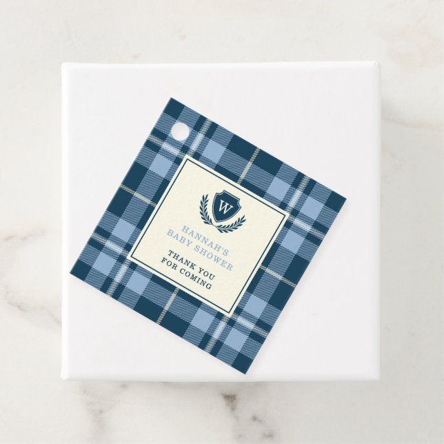 Étiquettes Cadeau Monogramme Marine Bleu Plaid Baby Boy Douche Merci (En situation)