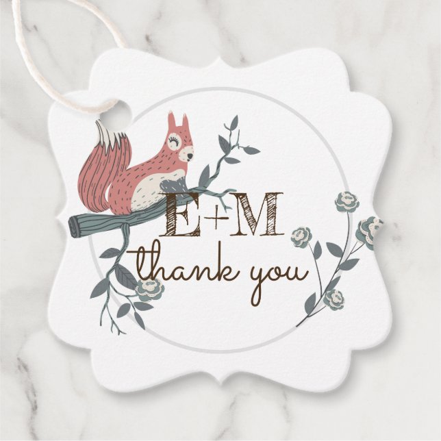 Étiquettes Cadeau Monogramme Merci Bois Rustique Écureuil de la Forê (Devant)