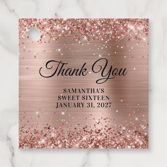 Étiquettes Cadeau Monogramme or Rose Glittery Sweet 16 Merci (Devant)