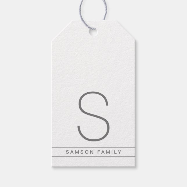 Étiquettes-cadeau Monogramme personnalisé blanc et gris Nom de famil (Devant)