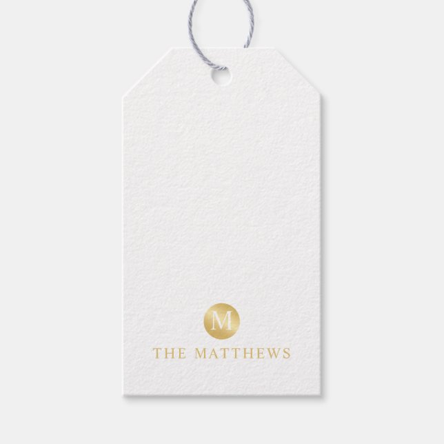 Étiquettes-cadeau Monogramme personnalisé de luxe blanc et or (Devant)