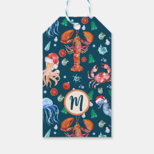 Étiquettes-cadeau Monogramme personnalisé Homard orange Noël