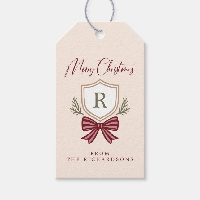 Étiquettes-cadeau Monogramme personnalisé Striped Bow Joyeux Noël (Devant)