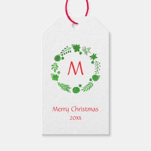 Étiquettes-cadeau Monogramme rouge de couronne de Noël vert (Devant)