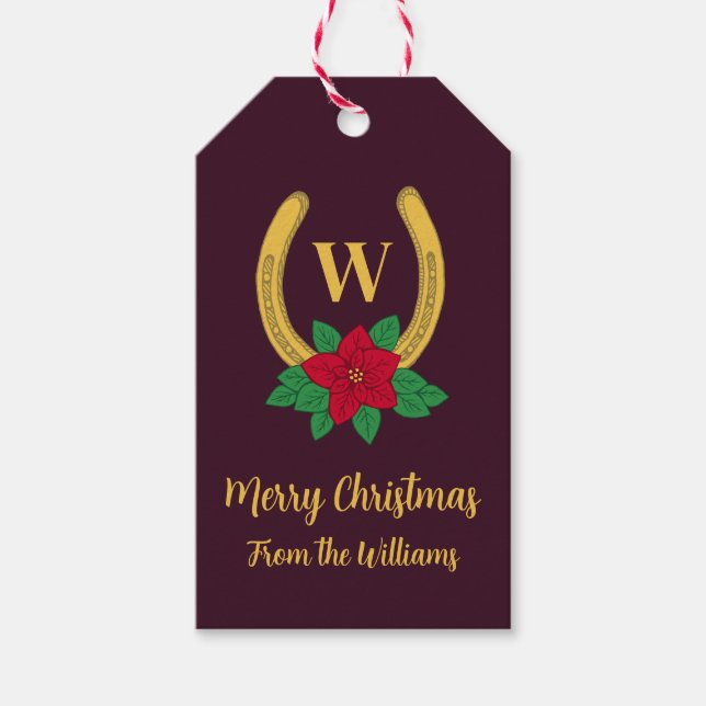 Étiquettes-cadeau Monogramme Rouge+OrNoël Poinsettia Horseshoe (Devant)