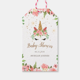 Étiquettes-cadeau monogramme somptueux baby shower floral à licorne