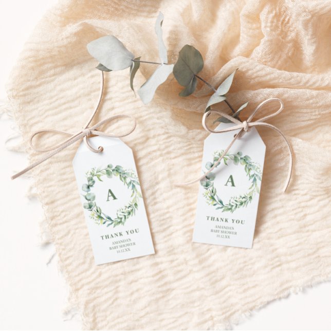 Étiquettes-cadeau Monogramme Verdure Baby shower de couronne Merci (Créateur téléchargé)