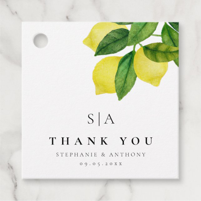 Étiquettes Cadeau Monogrammes Citrus citron Mariage de verdure (Devant)