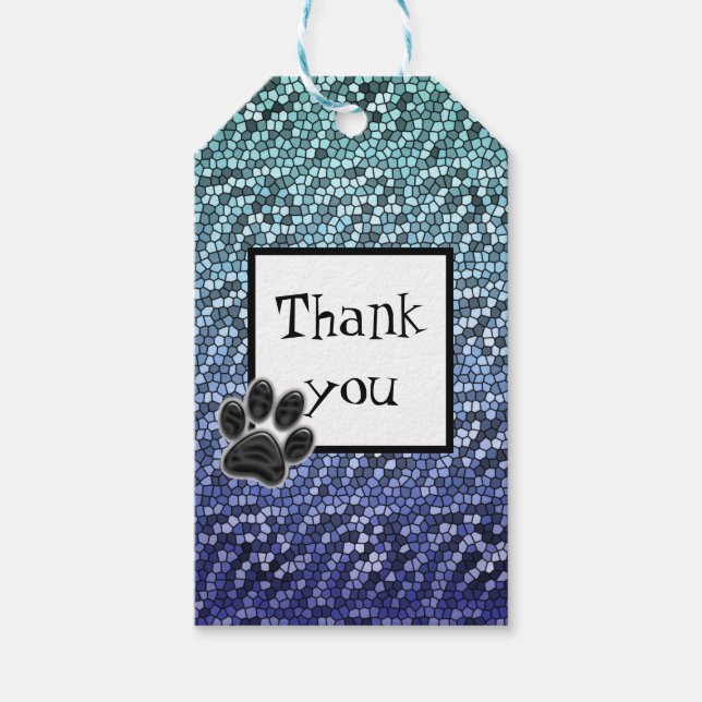 Étiquettes-cadeau Mosaic Blue Merci chien Empreinte de patte animal  (Devant)