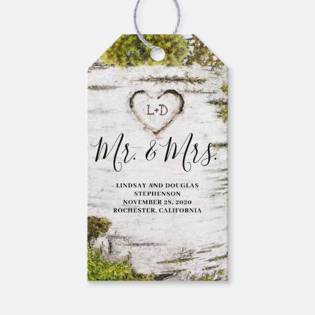 Étiquettes-cadeau Mossy Birch Tree Heart M. et Mme la Mariage (Devant)