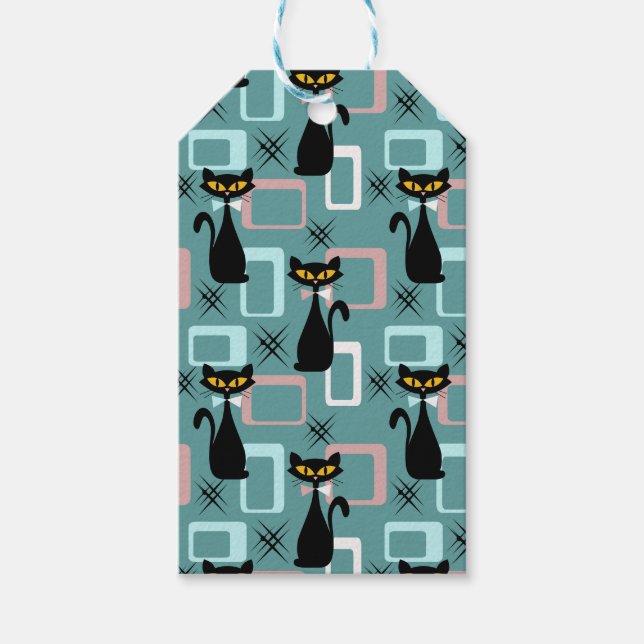 Étiquettes-cadeau Motif de chat noir du milieu du siècle (Devant)