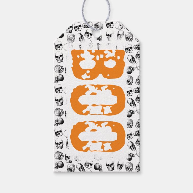 Étiquettes-cadeau Motif de crâne Éffrayant Orange Boo Halloween (Devant)