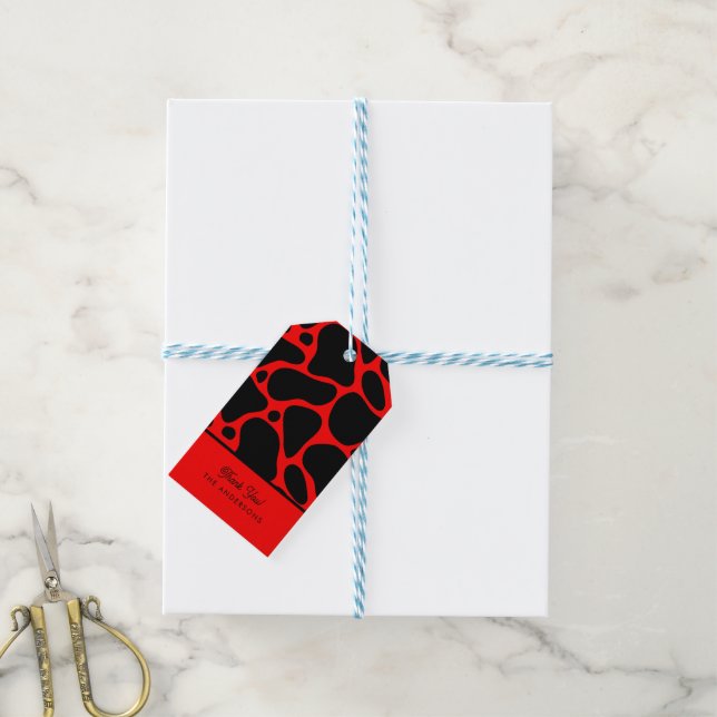 Étiquettes-cadeau Motif de girafe rouge et noire (Avec de laficelle)