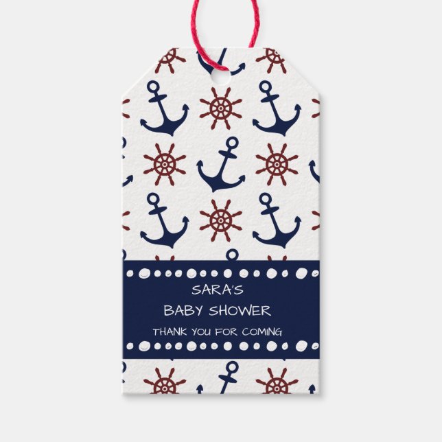 Étiquettes-cadeau Motif de gouvernail Ancre bleu et rouge marine (Devant)