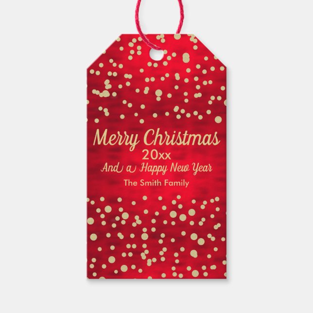 Étiquettes-cadeau Motif de Noël Confetti rouge et or (Devant)