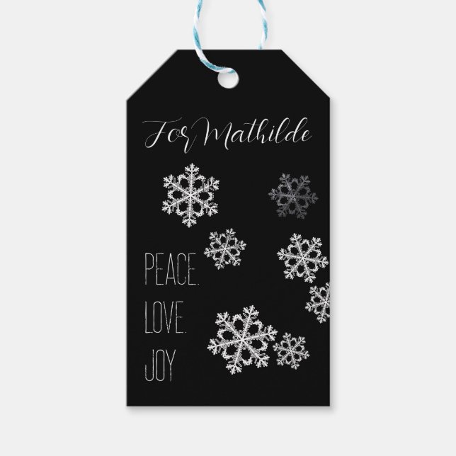 Étiquettes-cadeau Motif de Noël Monochrome Snowflake avec script (Devant)