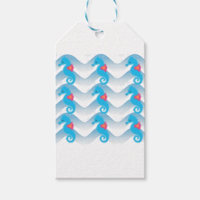 Étiquettes-cadeau Motif Des Chevaux De Mer Et Des Vagues Bleues (Devant)