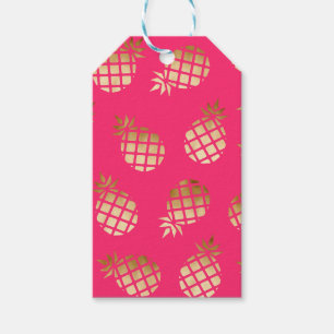 Étiquettes-cadeau Motif d'été d'or tropical et d'ananas rose