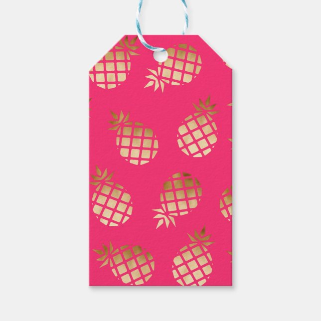 Étiquettes-cadeau Motif d'été d'or tropical et d'ananas rose (Devant)